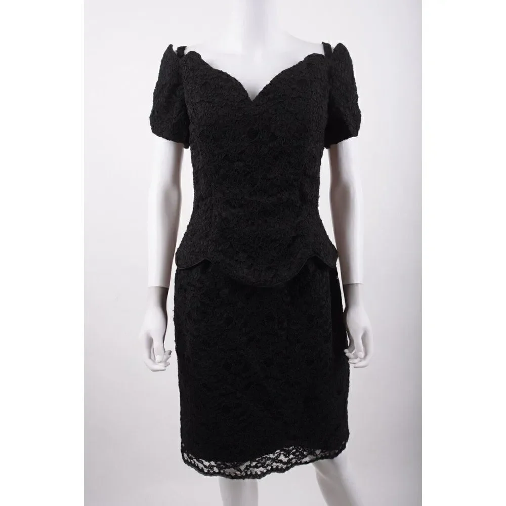 Vintage 80s Jessica McClintock Dress Black Lace Off Shoulder Cocktail Evening